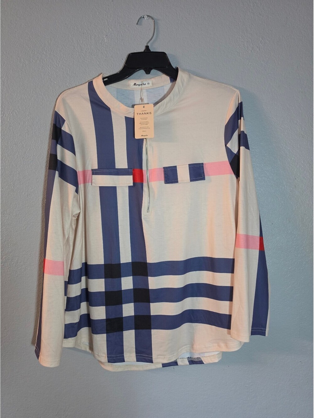 Moyabo Long Sleeve Zip Front Plaid Pattern Shirt